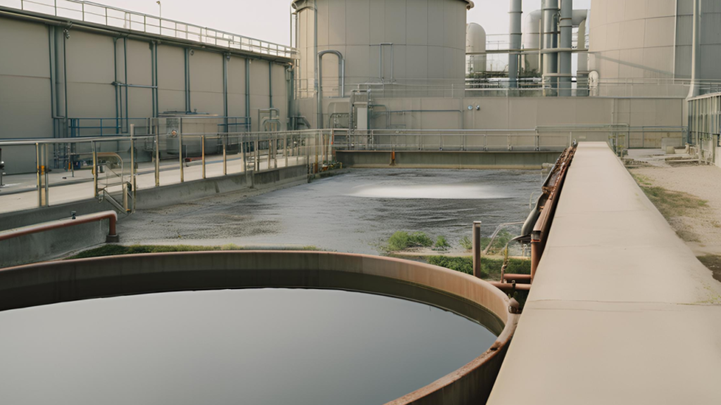 Industrial facility with large circular tanks and rectangular basins filled with liquid. Metal railings and pipes surround the area, highlighting its role in wastewater treatment. The setting appears to be part of a water management plant, under an overcast sky.