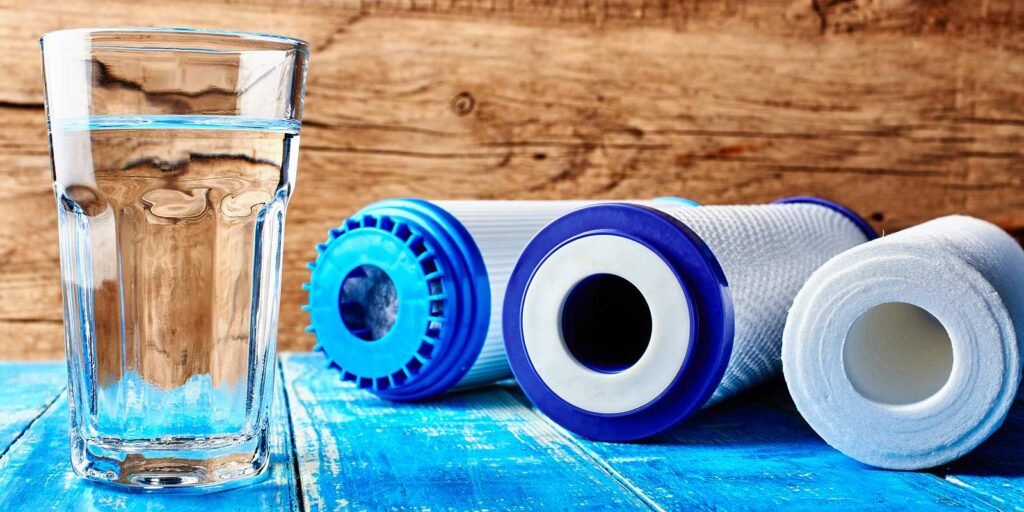 A clear glass of water stands on a blue wooden surface, next to three cylindrical water filters with yarn-based, blue and white elements, set against a wood-textured background. Filtration plays a key role in ensuring the purity of this refreshing scene.