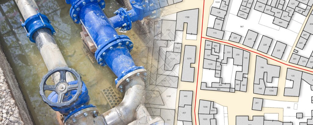 Composite image of a water pipe system and an urban property map, illustrating infrastructure and planning.