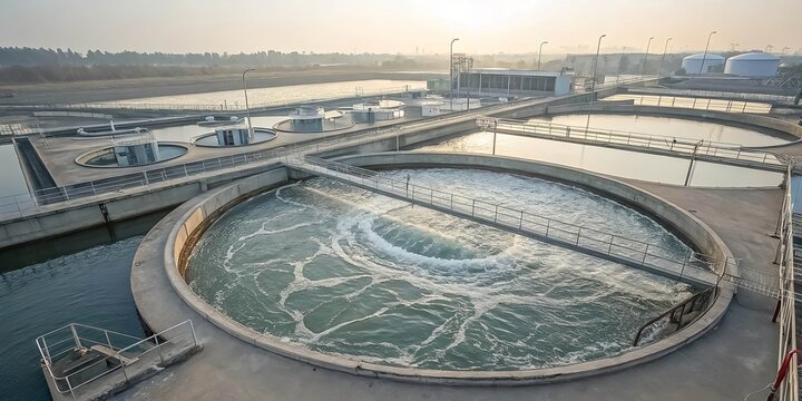 Aerial view of a large wastewater treatment facility with several circular primary sedimentation tanks. The sun sets in the background, casting a warm glow over the plant. Each tank is filled with water, exhibiting visible swirling patterns on the surface.