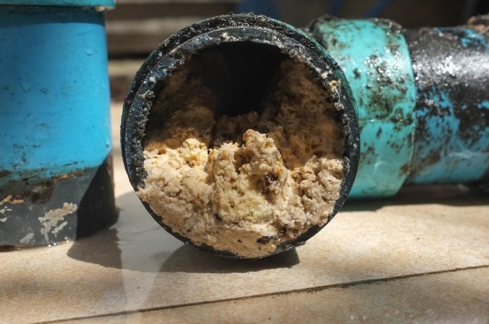 A cross-section of a blue PVC pipe reveals a fog of beige, solidified substance, hinting at the challenges of wastewater treatment. The blockage fills most of the pipe's interior as it rests on a tiled surface under sunlight.