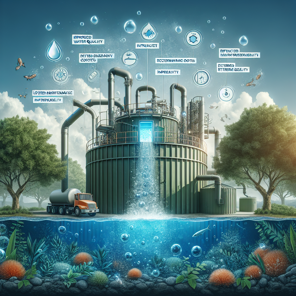 A futuristic water treatment facility surrounded by nature, showing a cross-section of underwater ecosystems. Infographics above highlight benefits like improved water quality, cost efficiency, and environmental impact. A truck and trees are visible.