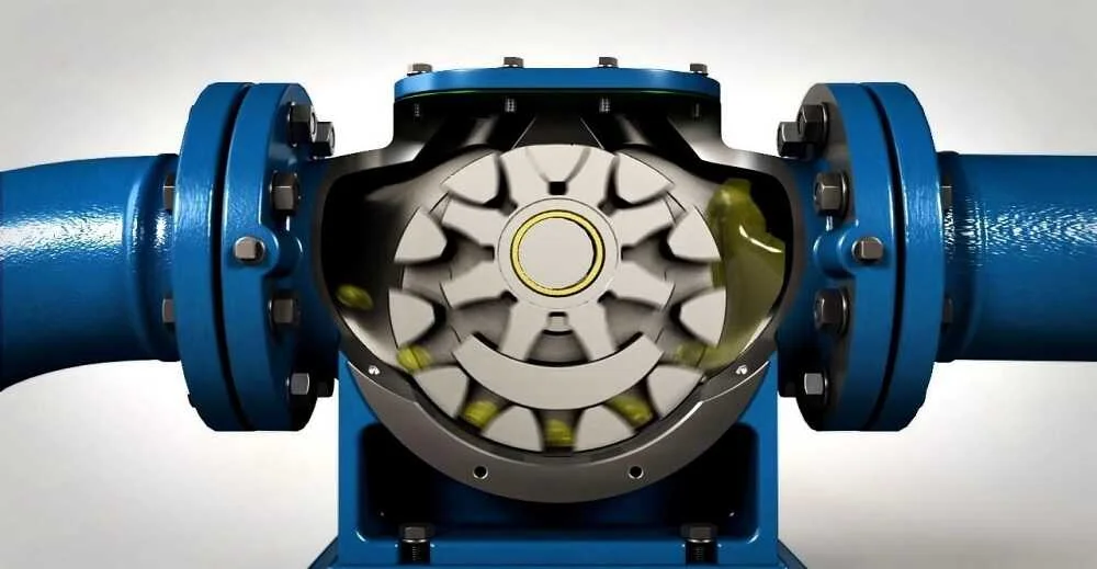 Cross-section view of an efficient mechanical gear system inside a blue industrial pump, showcasing rotating components designed for fluid transfer. This setup reveals visible gears and bolts on a grey background, embodying the essence of advanced gear pumps.