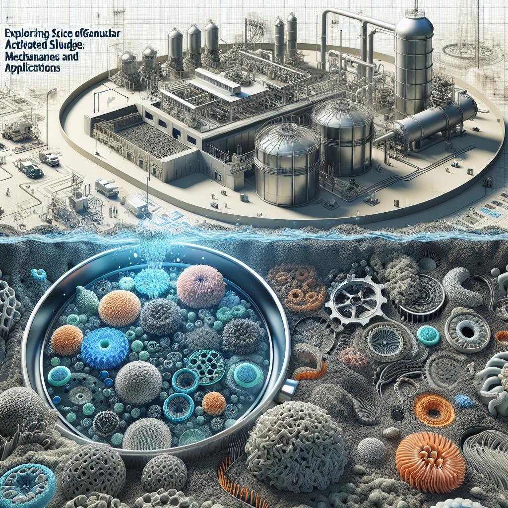 Illustration showing a wastewater treatment plant above ground and a cross-section below, revealing intricate, colorful microbes and sludge as gears and machinery. Text reads, "Exploring Use of Granular Activated Sludge: Mechanisms and Applications.